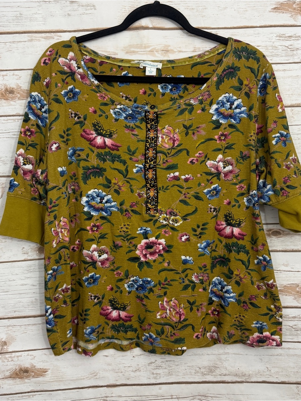 Sundance Mustard Yellow Floral Henley Short Sleeve Blouse Boho L